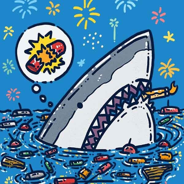 Potential Fireworks Disaster Shark | Nick Volkert A shark with a small lighther between its sharp teeth with a small flame flickering in the night is surrounded by an emptied crate of fireworks!