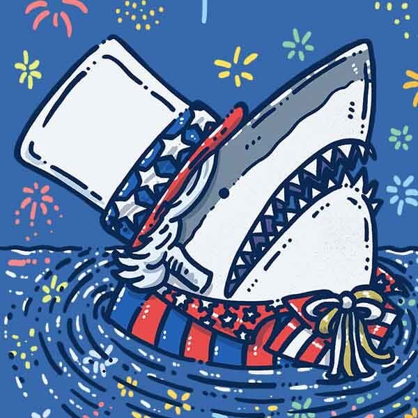 The Freedom Shark | Nick Volkert A great white shark emerges from the water with a full red, white and blue outfit detail as independence day fireworks light up the night's sky!