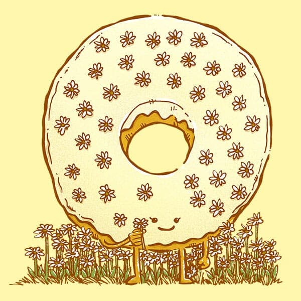 In Bloom Donut | Nick Volkert A yellow iced donut with sugary flower for decorations in Spring with a little daisy in it's hands!