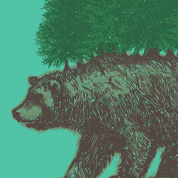 Nature Walk | Nick Volkert A grizzly bear with a pine foreset on its back walking.