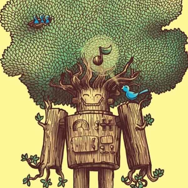 ReGrowth | Nick Volkert A fully blooming tree that had a former life as a robot has a bird and hatchlings living in his branches.