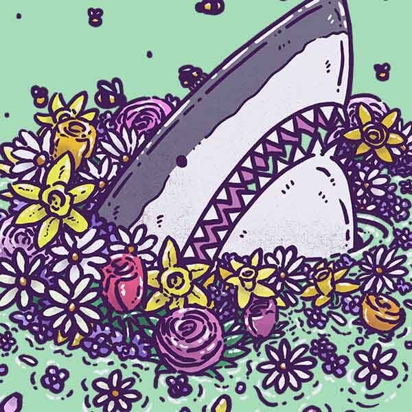 Spring Shark | Nick Volkert A shark pops up out of the water into a bouquet of spring flowers and a few bees.