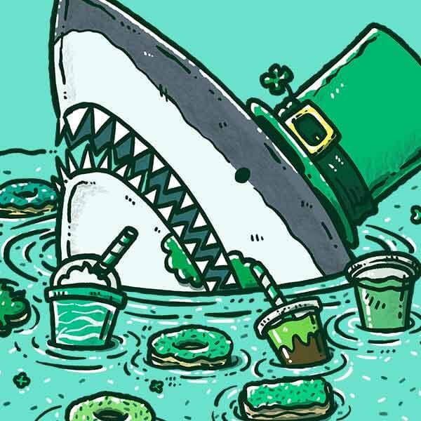 St Patrick's Day Sweets Shark | Nick Volkert A shark dressed in festive St Patrick's Day attire enjoys donuts, sweets and festive drinks to celebrate the holiday.