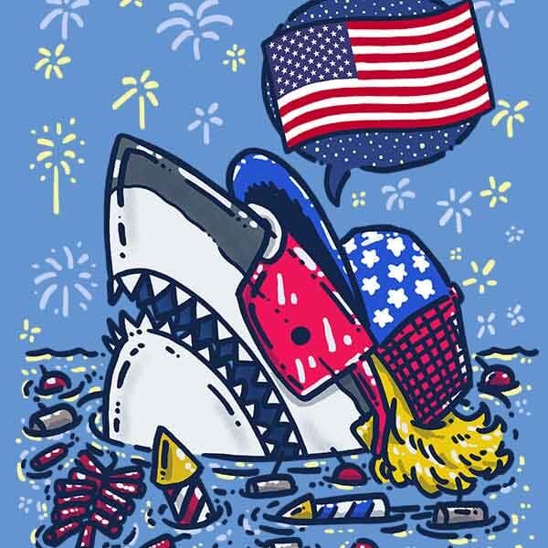 American Mullet Shark | Nick Volkert A patriotic shark peeks out of the water, surrounded by unlit fireworks, sporting a blonde mullet and red sunglasses as fireworks go off in the background.