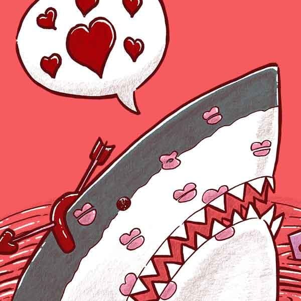 Valentine's Day Shark | Nick Volkert A shark peeks out of the water covered in kisses and wearing an arrow through its head headpiece.
