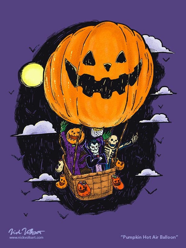 Pumpkin Hot Air Balloon | Nick Volkert A spooky group of Halloween characters hicthing a ride at night in a hot air balloon with a pumpkin print.