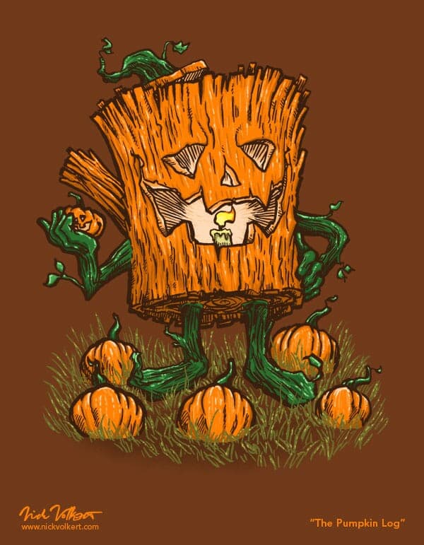 The Pumpkin Log | Nick Volkert A log carved as a pumpkin is holding a pumpkin in his hand.