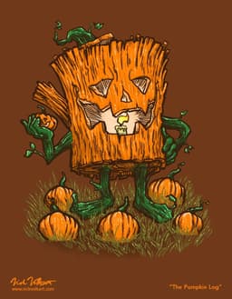 The Pumpkin Log | Nick Volkert A log carved as a pumpkin is holding a pumpkin in his hand.