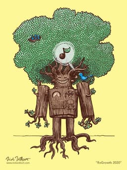 ReGrowth 2020 | Nick Volkert A wooden robot regrows it's leaves and roots as it hosts a family of small song birds.