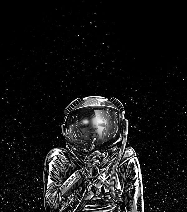 Secrets Of Space | Nick Volkert A woman in a space suit going hush as the stars and vaccum of space rests behind her.