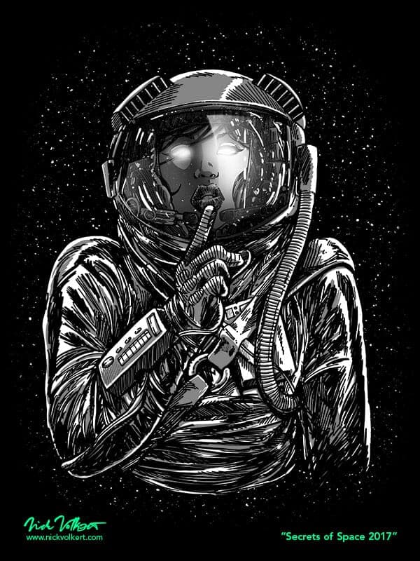 Secrets of Space 2017 | Nick Volkert A female astronaut floats in space and gives the view the 'hush' gesture.