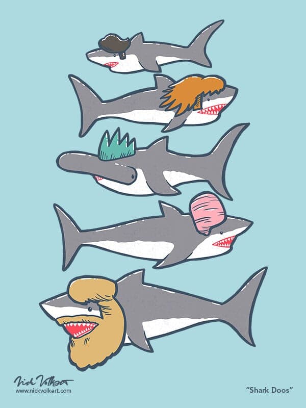 Shark Doos | Nick Volkert A collection of sharks with various haircuts.