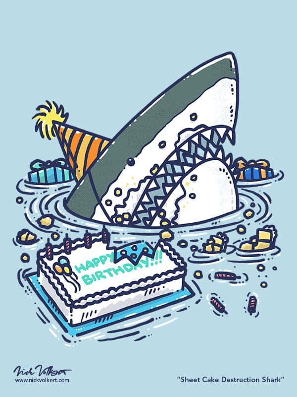 Sheet Cake Destruction Shark | Nick Volkert A shark in a birthday party hat eating a big chunk of a birthday sheet cake.