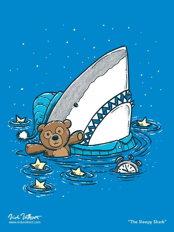 The Sleepy Shark | Nick Volkert A shark in water with his teddy, pajamas; surrounded by stars floating in the water