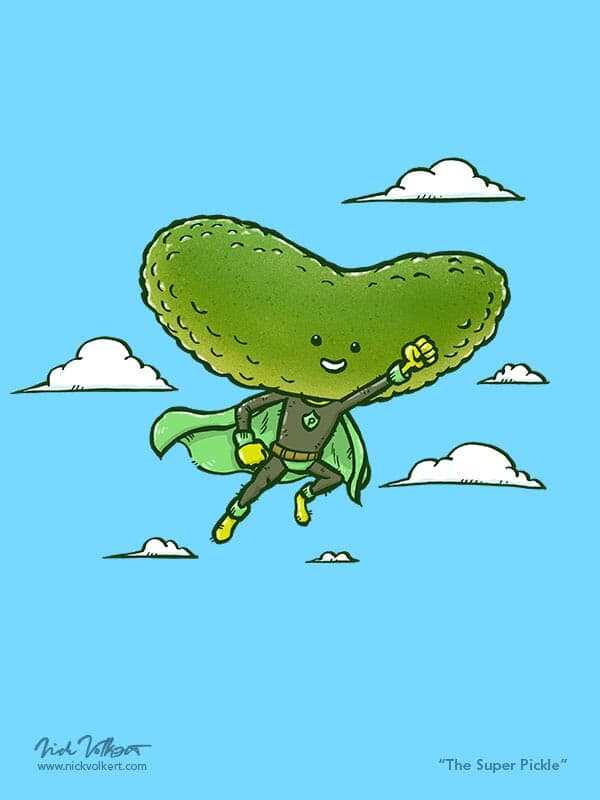 Super Pickle | Nick Volkert A super hero pickle flies through the sky.