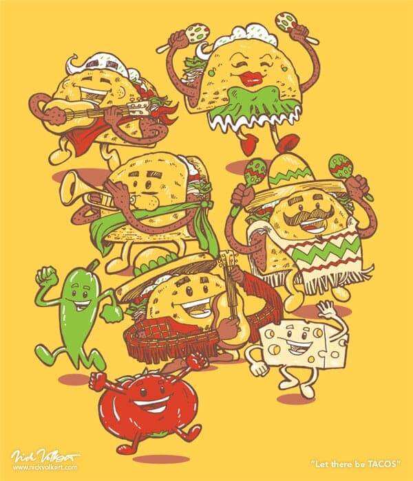 Let There Be Tacos | Nick Volkert Hard shell tacos, taco ingredients including tomatoes, cheese, and jalepenos, singing and dancing.