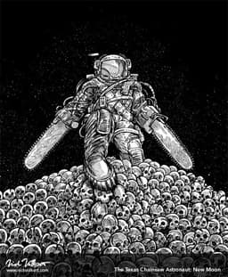 Texas Chainsaw Astronaut: New Moon | Nick Volkert An astronaut with chainsaws for arms steps over a large pile of skulls.