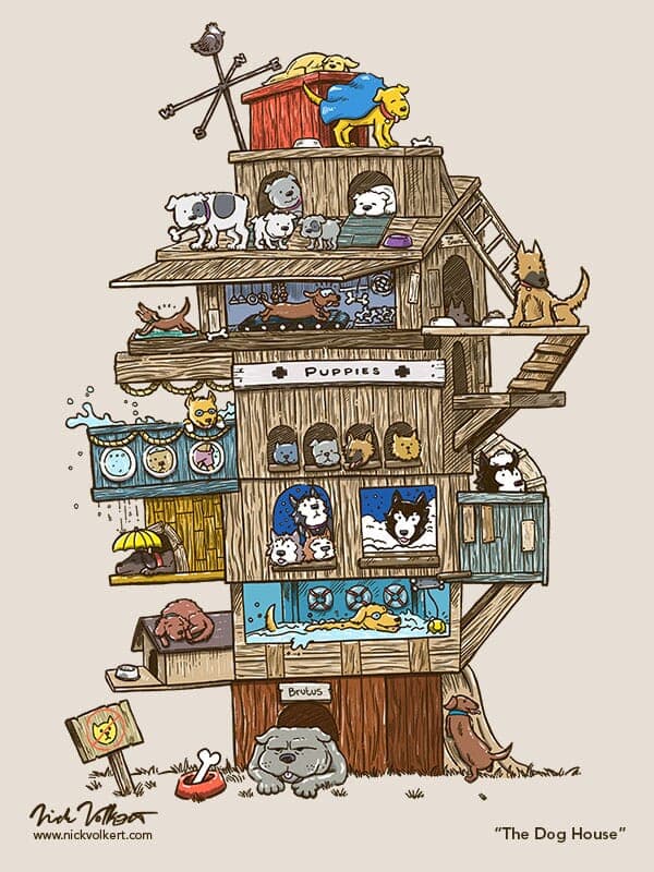 The Dog House | Nick Volkert A collections of dogs living in a grand dog house.