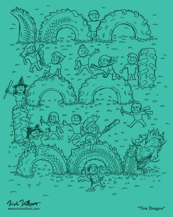 TireDragon | Nick Volkert A series of old tires comes to life as a dragon as the children playing also use their imagination.