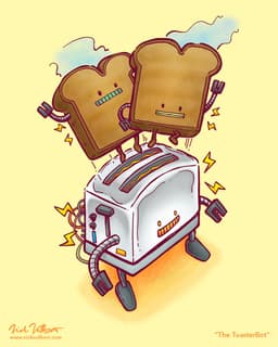 The Toasterbot | Nick Volkert A robot toaster is ejecting his two toasted robot friends.
