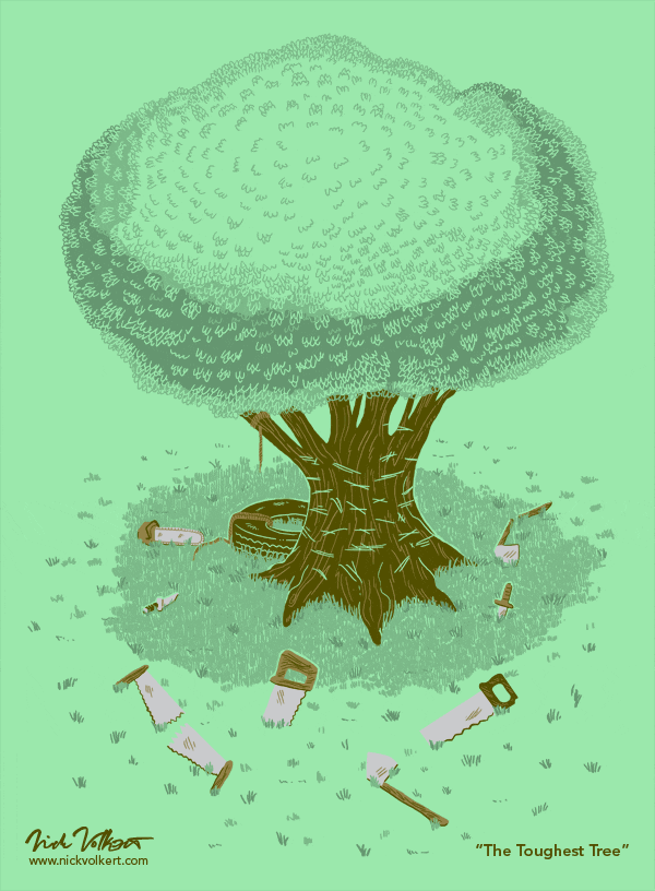 The Toughest Tree | Nick Volkert A tree surrounded by saws and power tools but is still standing tall.