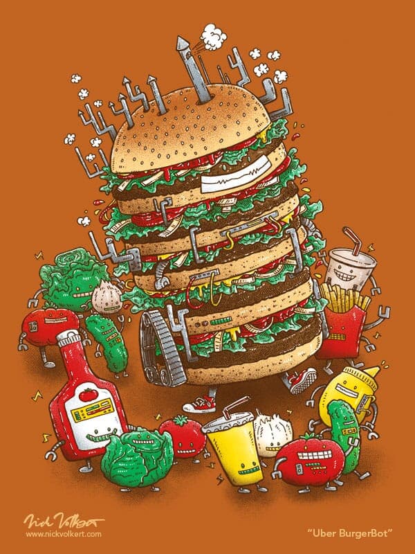Uber BurgerBot | Nick Volkert A large robot travels with ketchup, mustard, and burger condiment pals.