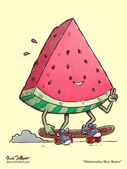 Watermelon Slice Skater | Nick Volkert A triangle-shaped slice of a watermelon cruises on a skateboard while showing a peace sign