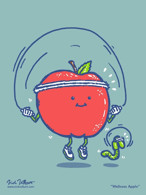Wellness Apple | Nick Volkert An apple and its worm do jumpropes together.