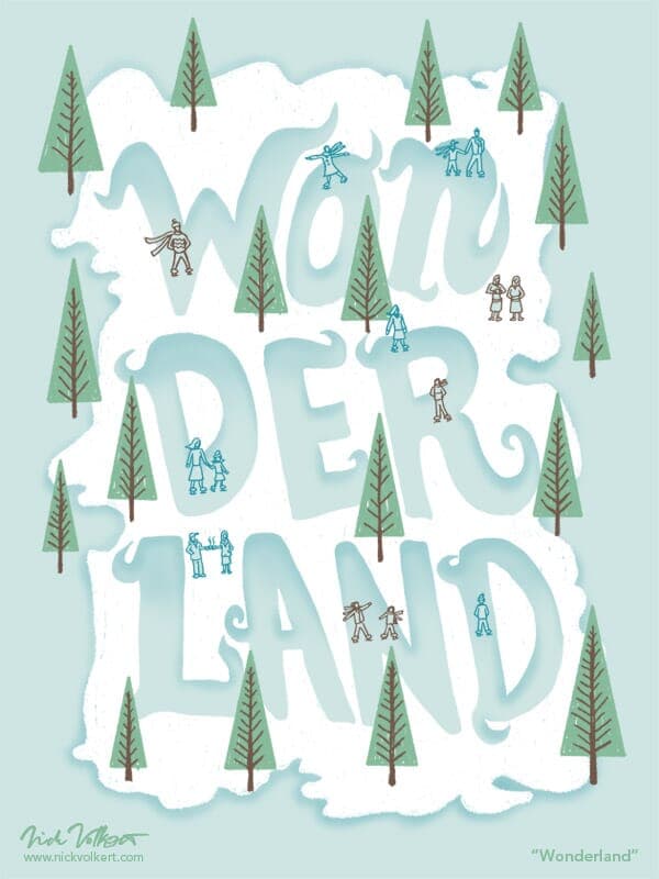 Wonderland | Nick Volkert A group of people enjoy a small ice skating park that the ice is in the text 'wonderland', surrounded by pine trees.
