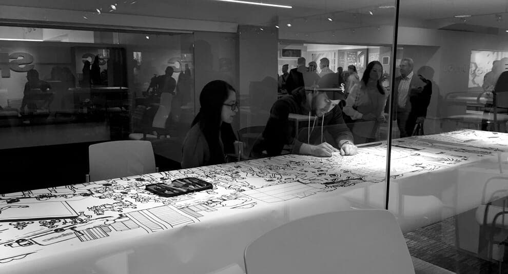 Spec Mural | Nick Volkert Setting up mural for Spec Furniture in the Merchandise Mart