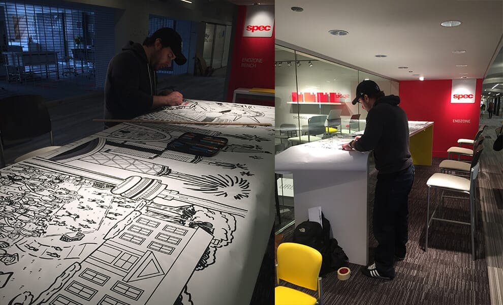 Spec Mural | Nick Volkert Setting up mural for Spec Furniture in the Merchandise Mart