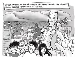 Hurricane Fighting Robo-Ferret | Nick Volkert A giant robotic ferret is en route to fight a hurricane, while a variety of monsters destroy the town.