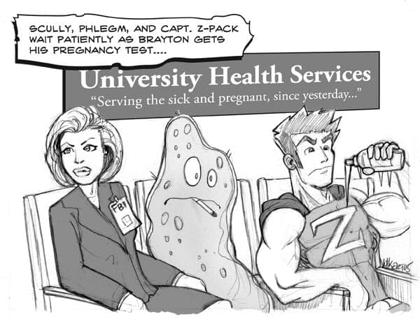 Man Pregnant | Weekender | Nick Volkert A hospital waiting room with germs and Scully from X-Files.