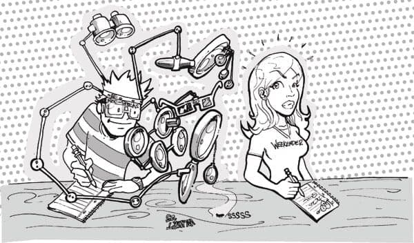 Cheaters | Weekender | Nick Volkert A student with a plethora of attached magnifying glasses spies the answers off of an attractive student.