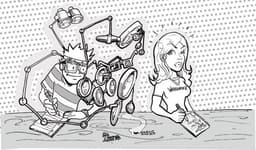 Cheaters | Nick Volkert A student with a plethora of attached magnifying glasses spies the answers off of an attractive student.